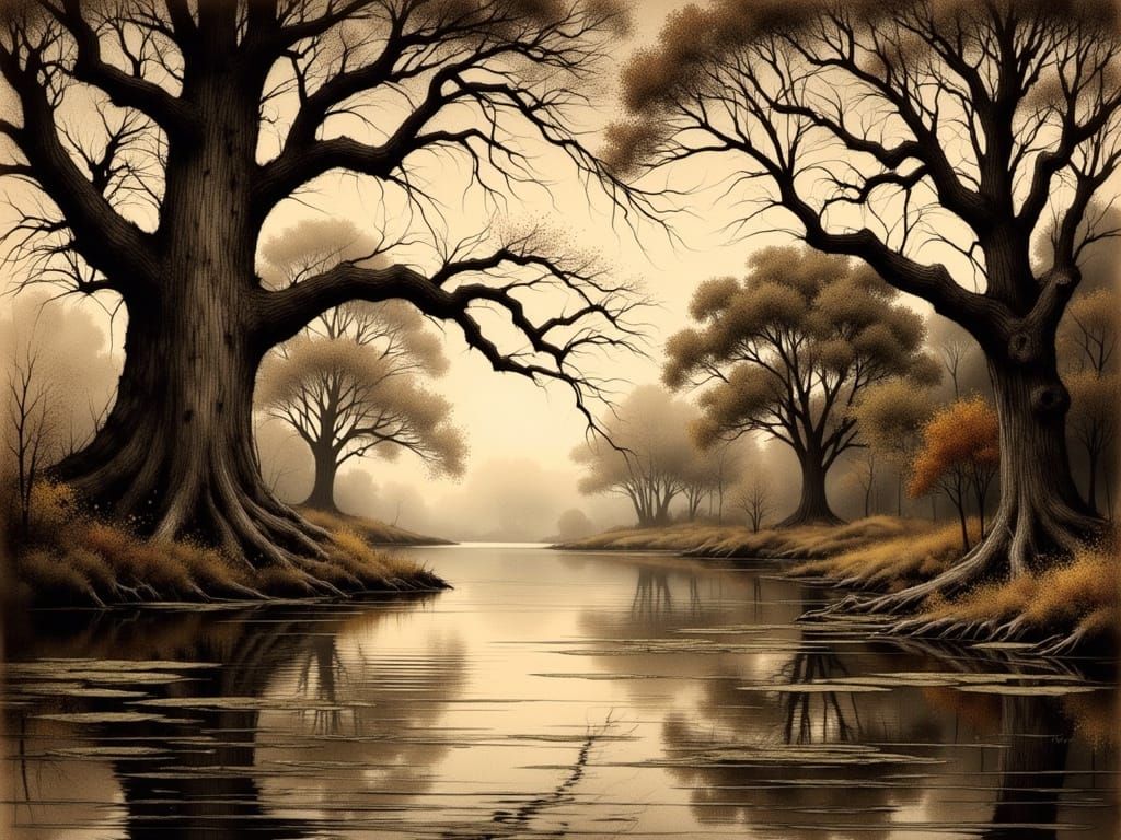 Ancient Oaks Silhouetted at Dusk, in Intricate Etching Style