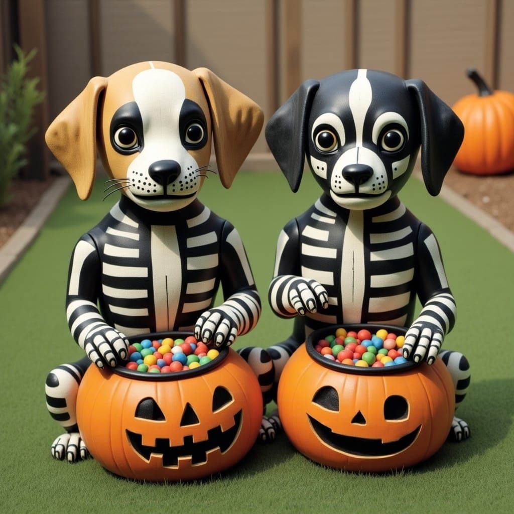 Puppies Dressed as Skeletons for Halloween, Watercolor Art