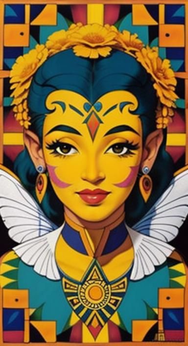 Aztec Fairy Portrait with Marigolds and Wings