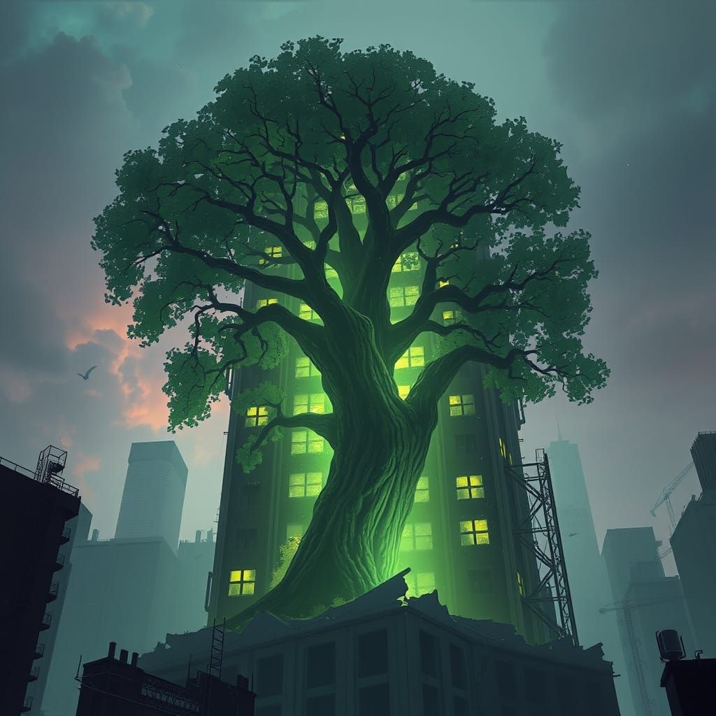 Oak Tree Growing Through Skyscraper Ruins
