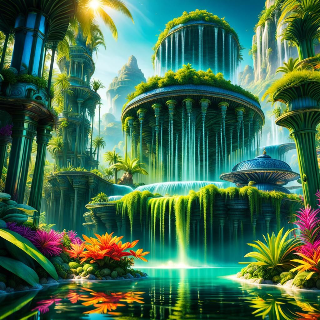 Lush Island Oasis with Waterfalls in Hyperrealistic Style