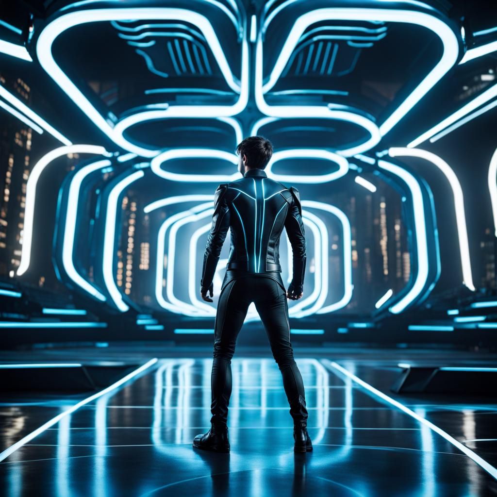 Heroic Man in Elaborate Tron Legacy Environment