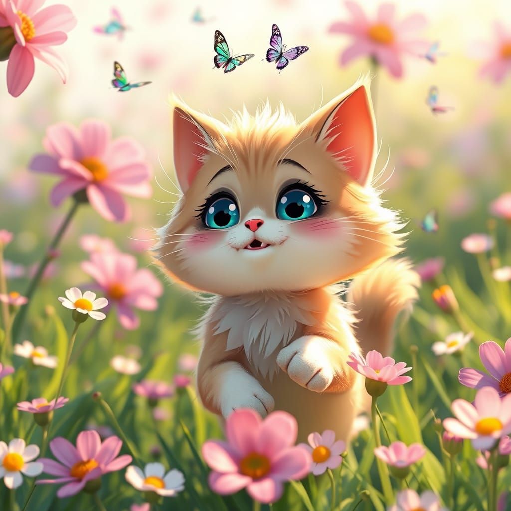 Whimsical Cat Frolics in Vibrant Meadow Wonderland