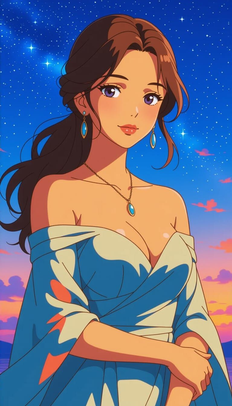 Elegant Latina Woman in Starry Anime Style