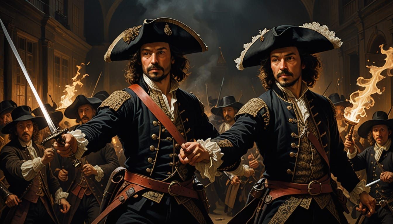 Dueling Musketeers in Rich 17th Century Oil Painting Style