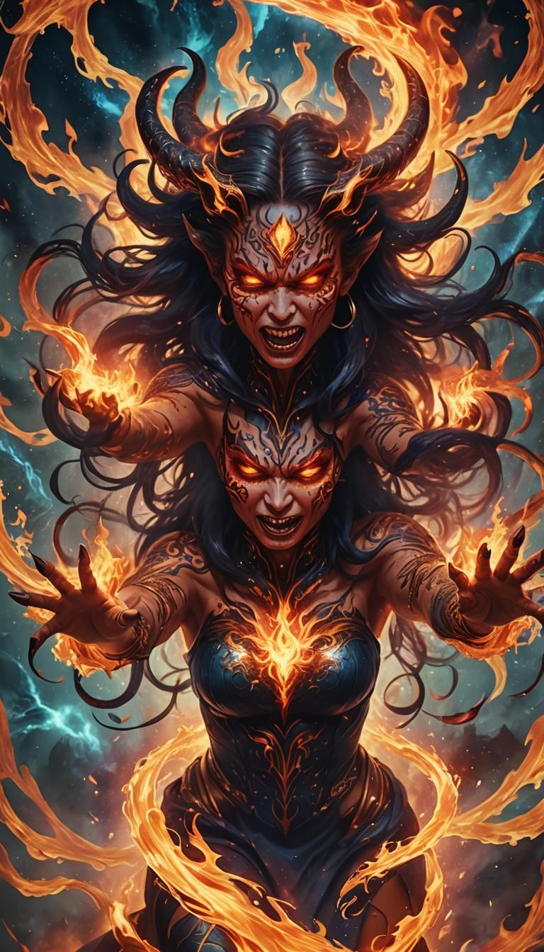 Fiery Devil Woman in Astral Vortex: Cosmic Illustration
