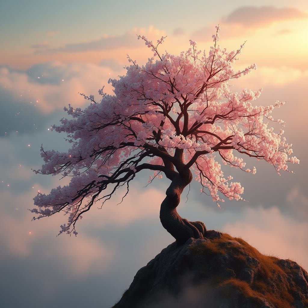 Misty Mountain Cherry Blossom Tree with Fireflies