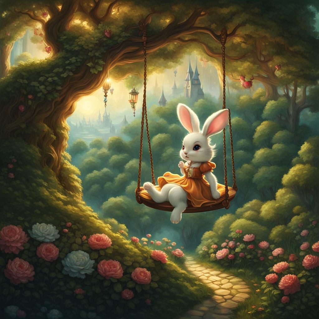 Chibi Bunny Girl on Swing in Rococo Style