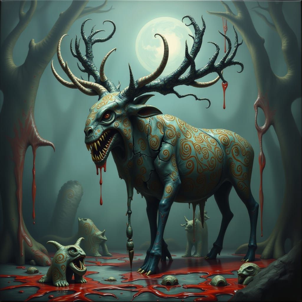 Majestic Monster Stag in Misty Moonlit Forest
