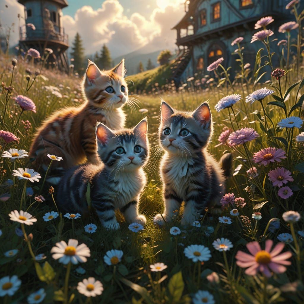 Kittens Play in an Escher-Inspired Surreal Meadow