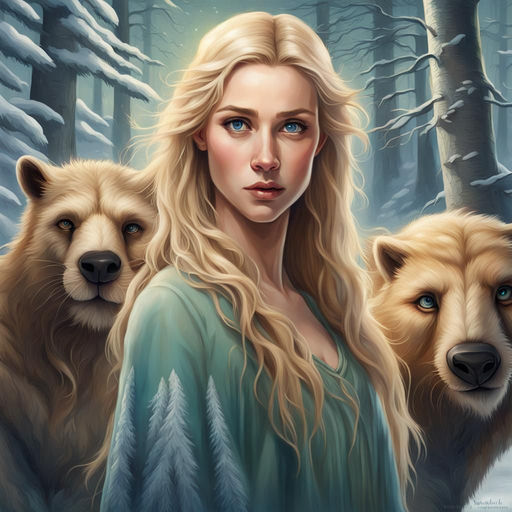 Narnia Winter Scene with Blonde Woman, Hyperrealistic Art