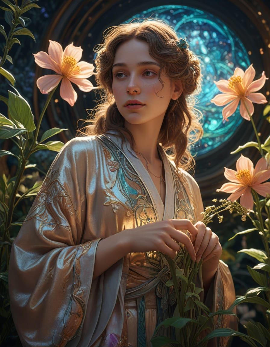 Celestial Botanist on Binary Star Planet in Art Nouveau Styl...