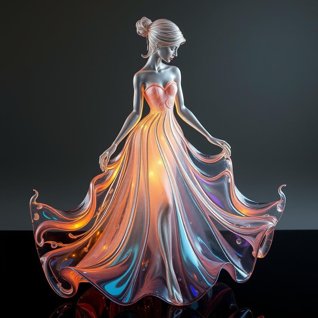 Iridescent Glass Sculpture of Woman in Gown