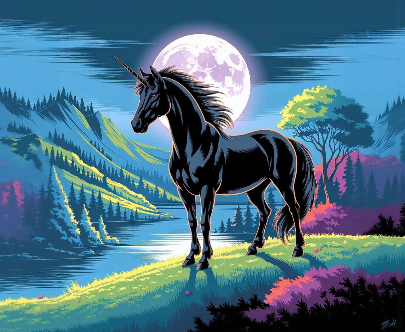 Majestic Black Unicorn on a Green Hillside