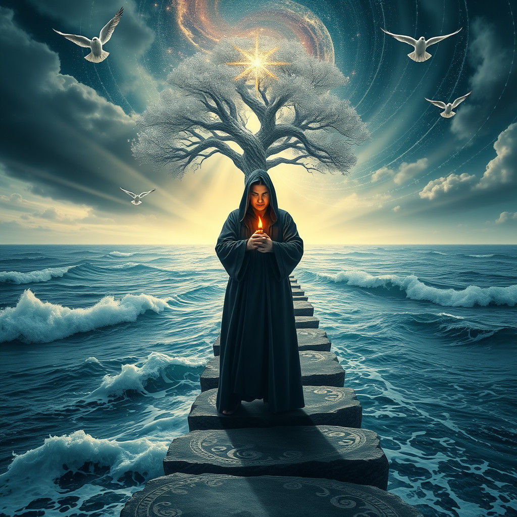 Figure at Ocean's Edge Gazing at Swirling Galaxies