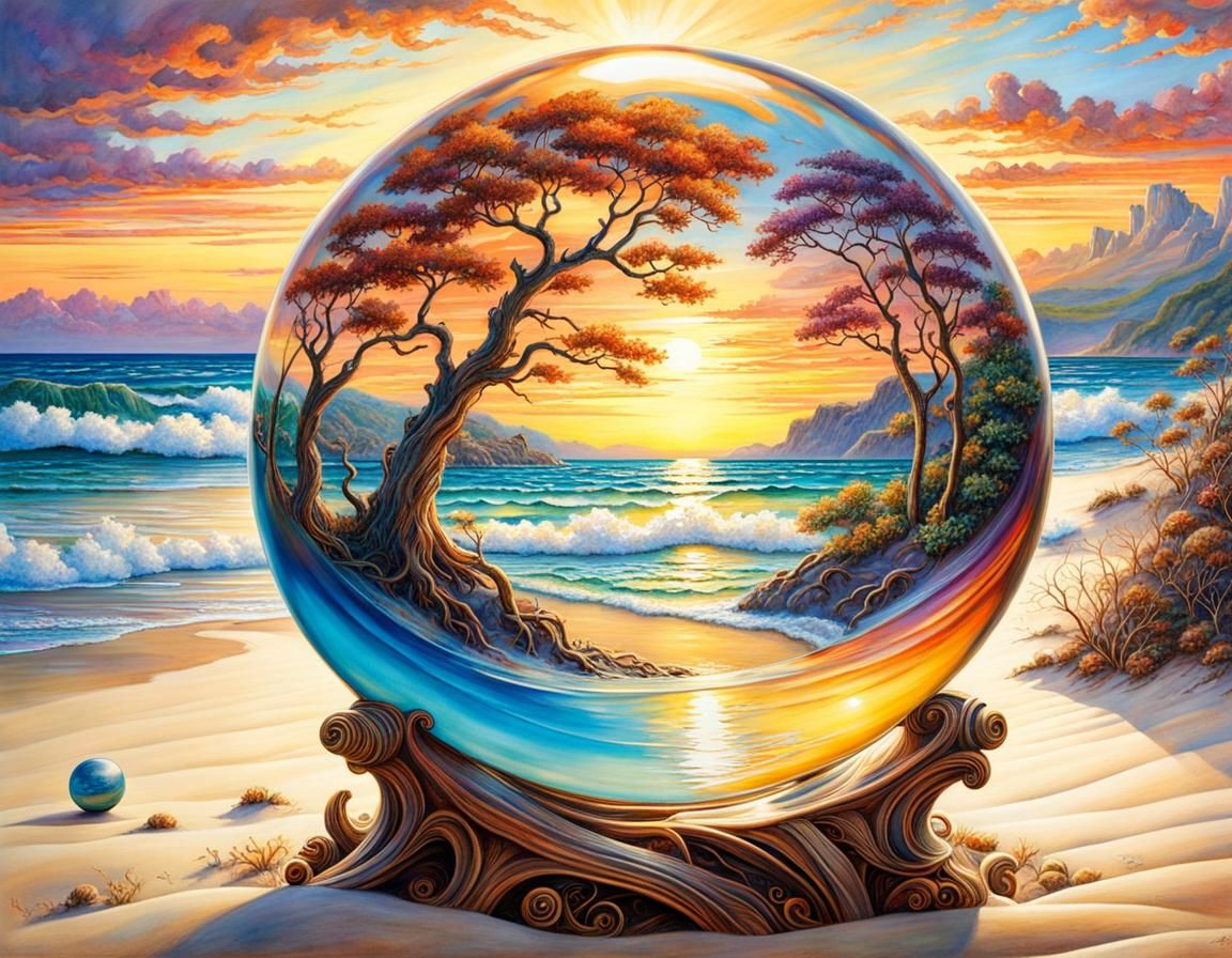 Polychromatic Glass Ball on Sandy Beach at Sunset