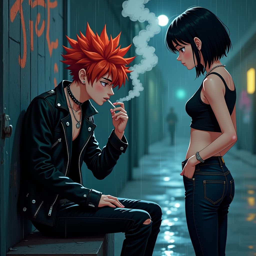 Melancholic Anime Boy in Rainy City Night