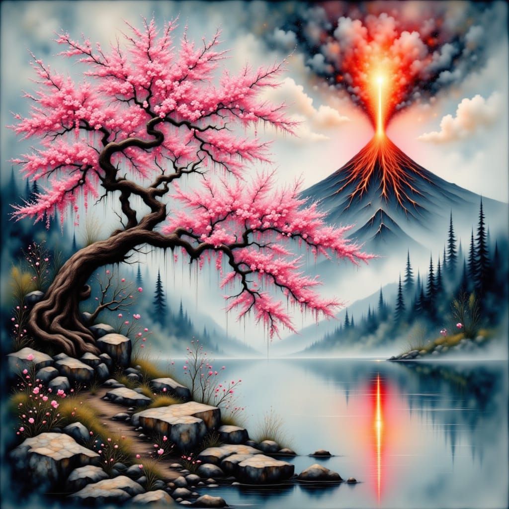 Sakura Tree in Dramatic, Misty Landscape