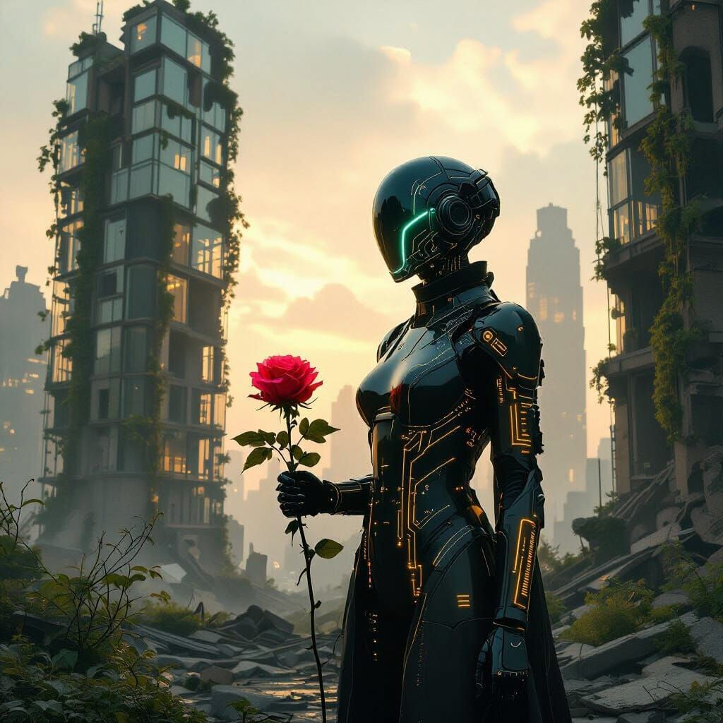 Futuristic Figure in Ruined City with Bioluminescent Rose