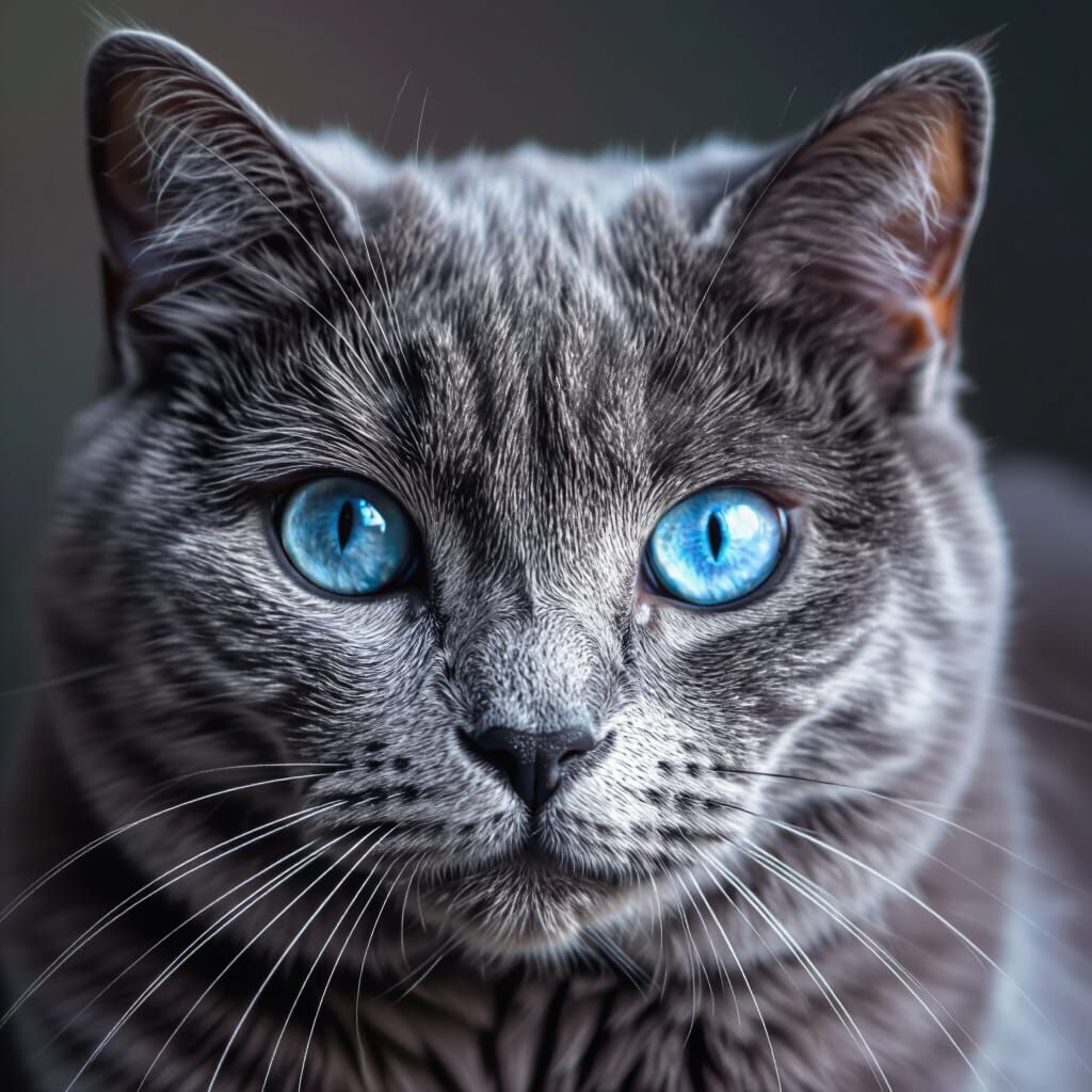 Hyperrealistic Grey Onyx Cat Portrait With Dazzling Blue Eye...
