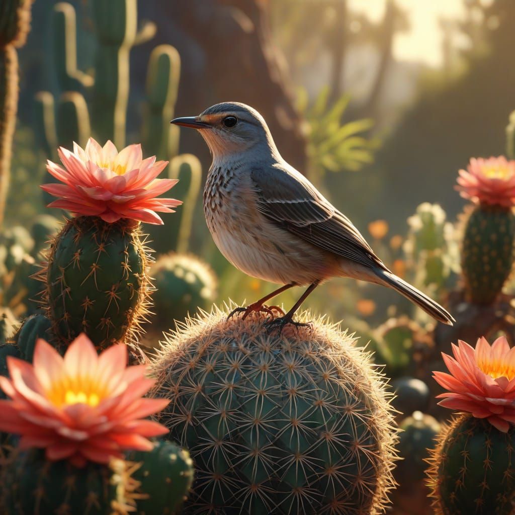 Epic 3D Landscape with Mockingbird on Vibrant Cactus