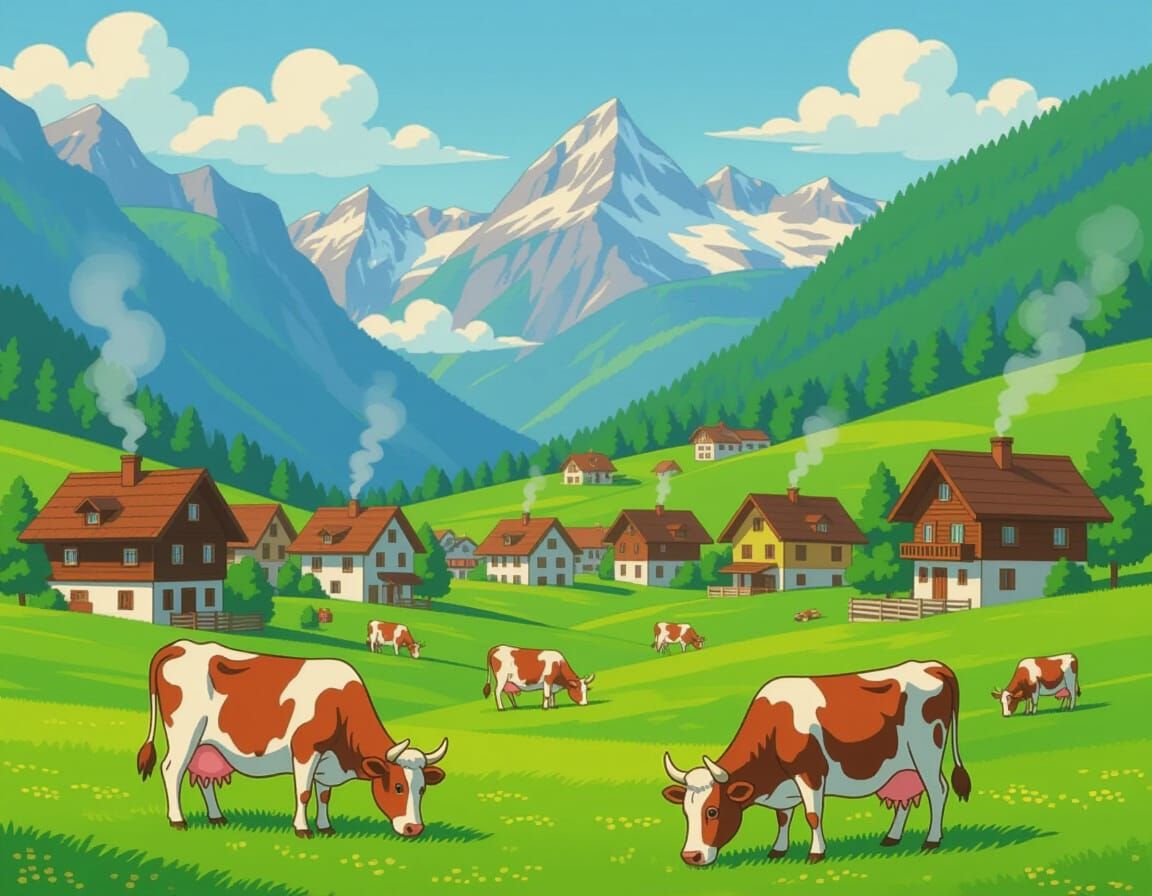 Whimsical Swiss Alps Village Children's Book Illustration