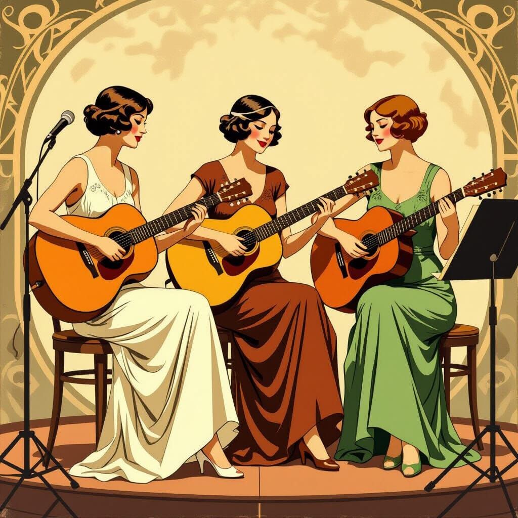 Three Women Play Guitars on 1920s Bandstand