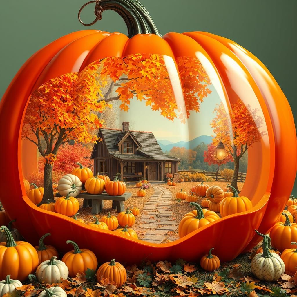 Transparent Pumpkin Reveals Autumn Cottage Scene