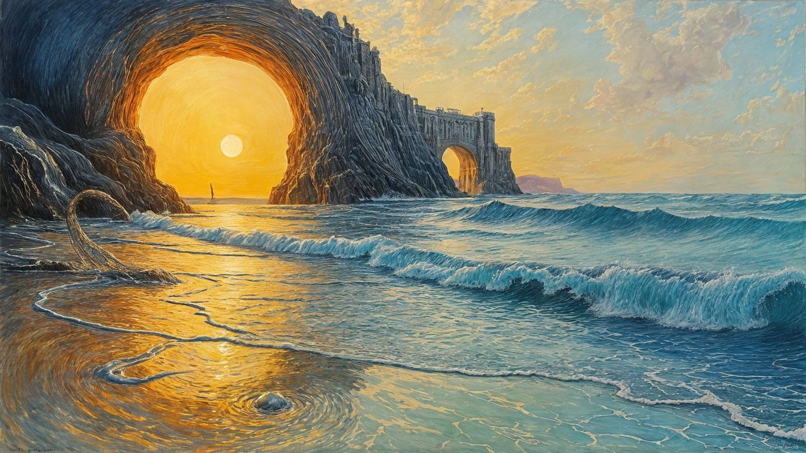 Surrealist Water World in Elongated Etching Style