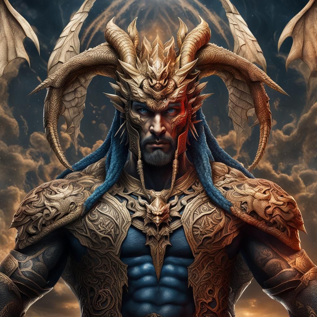 Hyperrealistic Demigod with Dragon Tattoo and Weapons