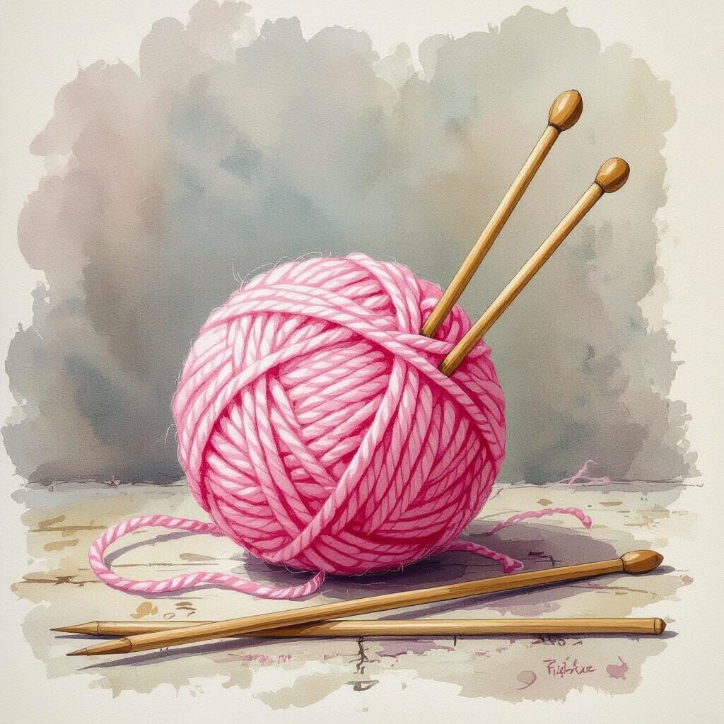 Pink Wool and Knitting Needles in Watercolour Ink Style