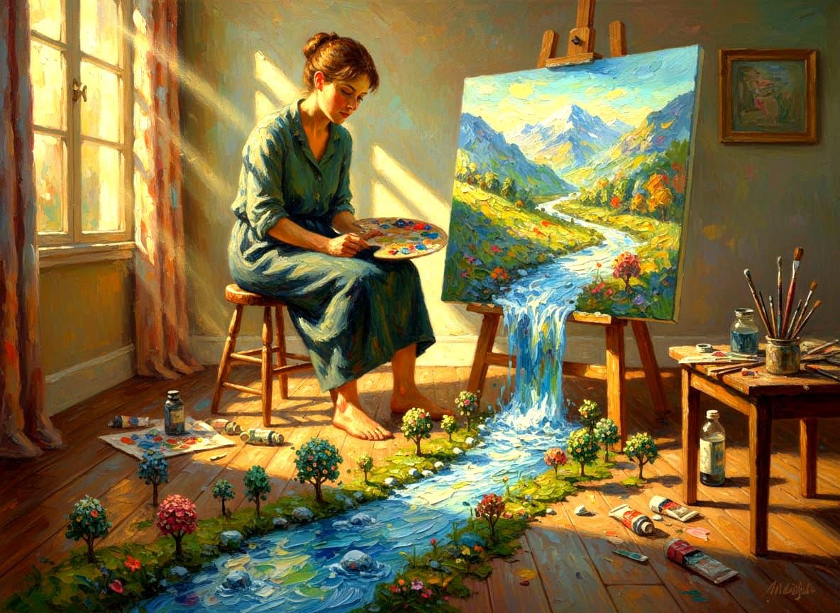 Artist Paints Miniature Riverscape in Impressionist Style