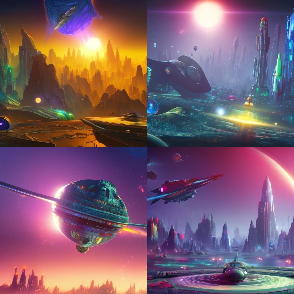 Futuristic Cityscape with Spaceships: Detailed Matte Paintin...