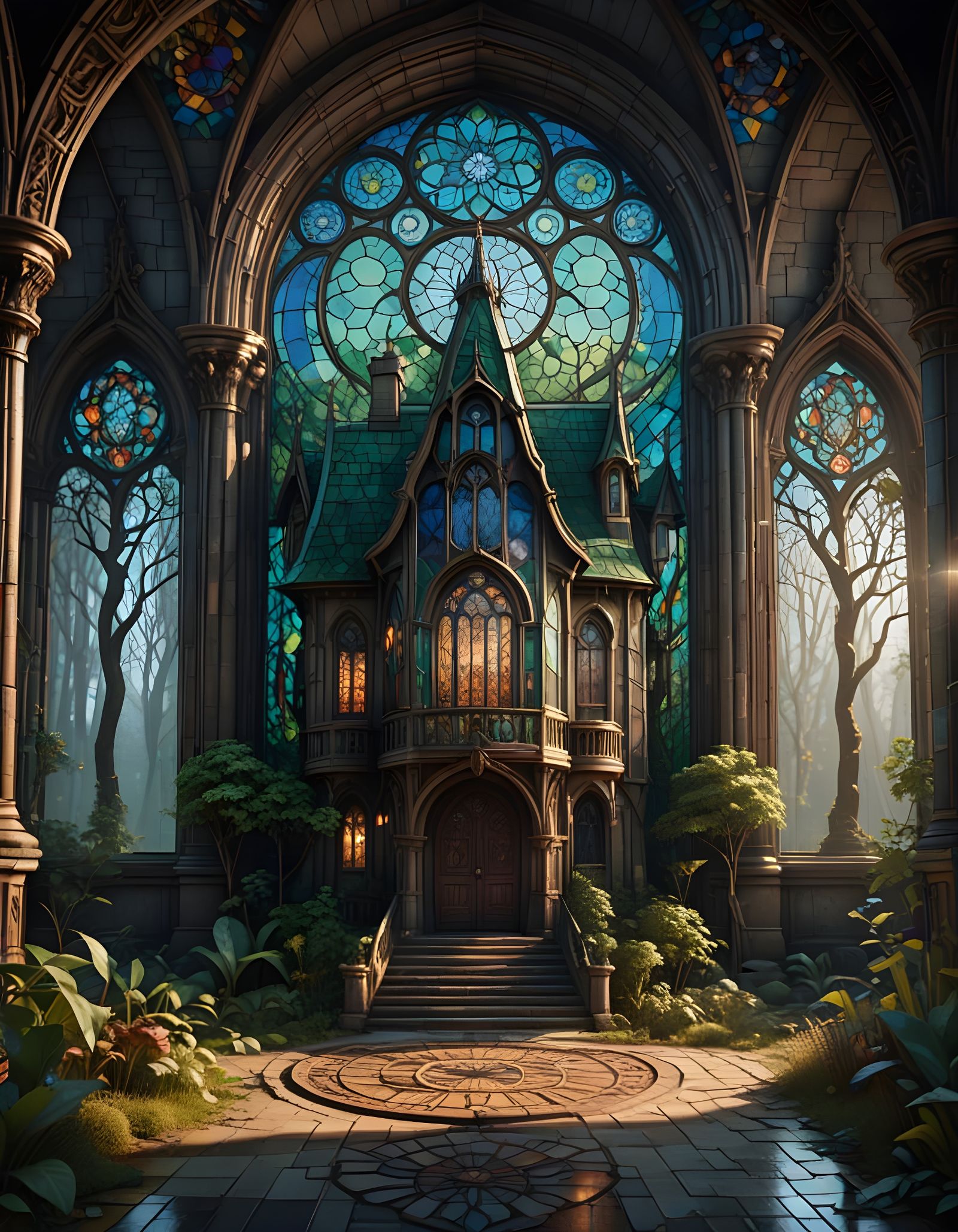 Surreal Stained Glass Manor Shines in Misty Forest