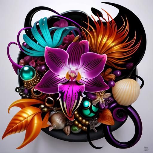 Surrealist Orchid-Birds and Flowers in Crystal Glass