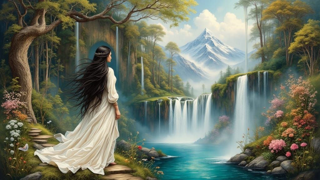 Renaissance Woman Approaching Waterfall in Enchanted Forest