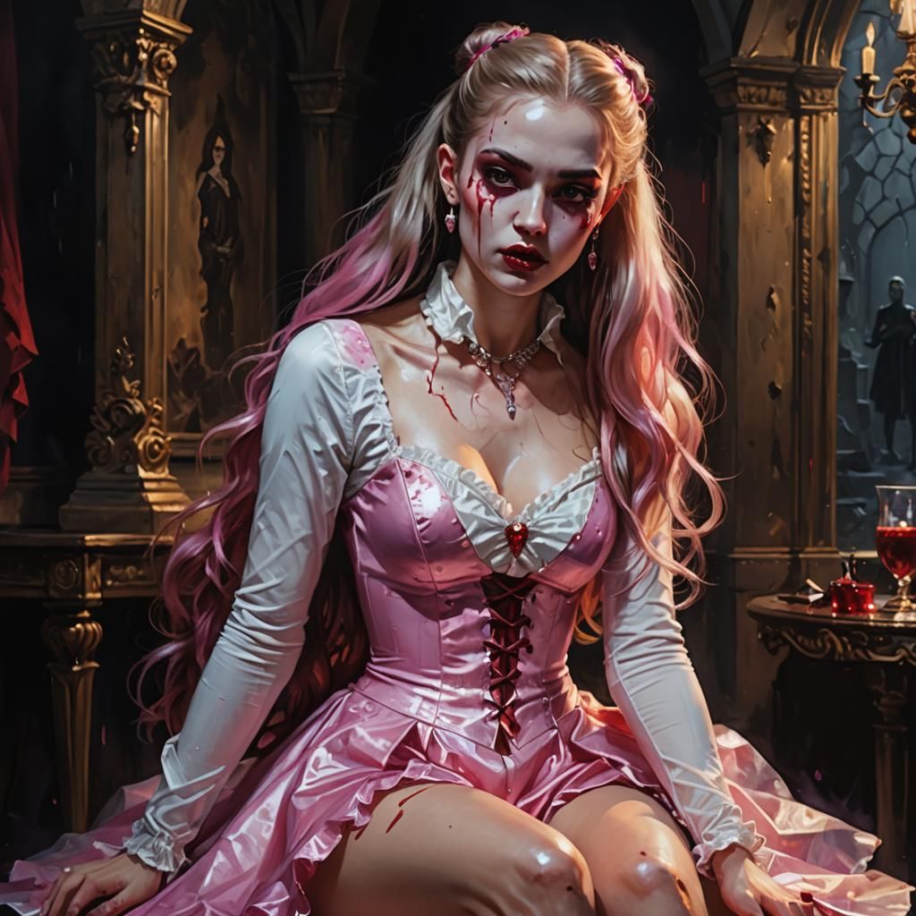 Elegant Vampire Woman in Glossy Oil Painting