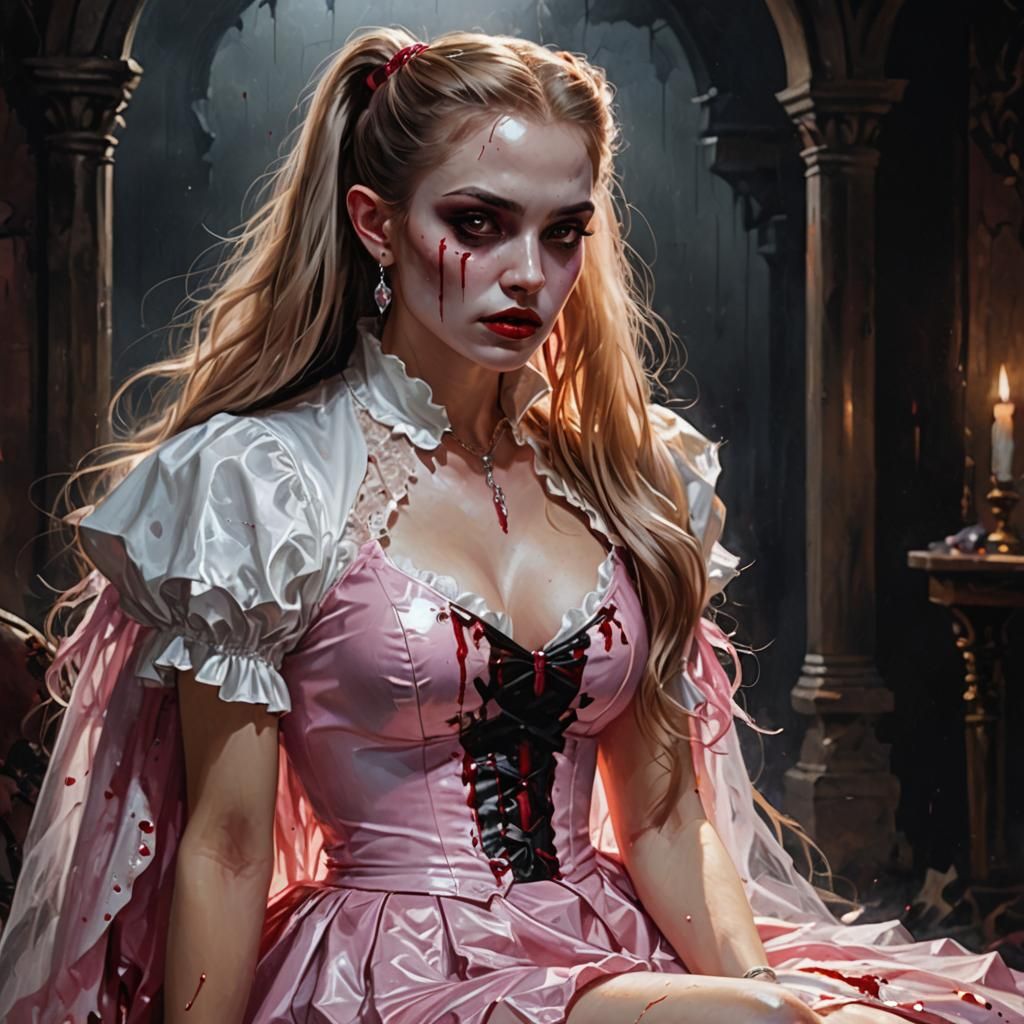 Vampire Woman in Pink Shorts, Glossy Oil Painting