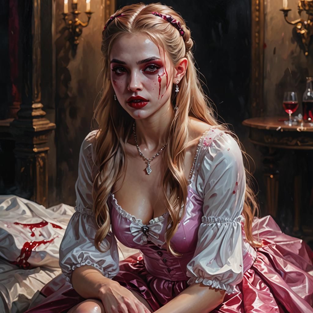 Vampire Woman Getting Ready, in Glossy Oil Painting Style