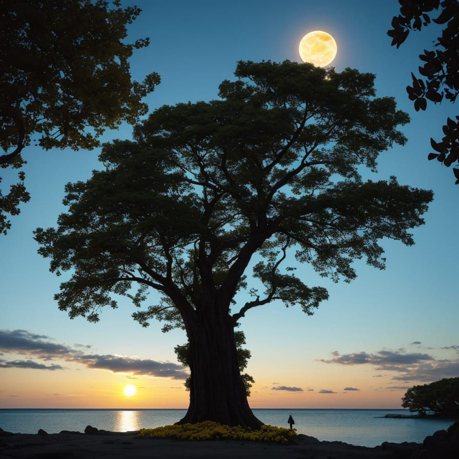 Hyperrealistic Island with Woman and Moon
