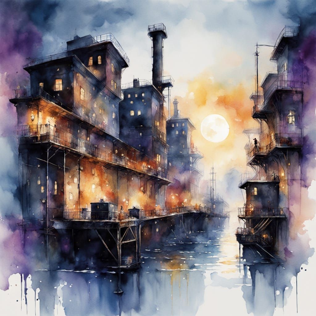 Ethereal Steampunk Harbor Scene in Watercolour Style