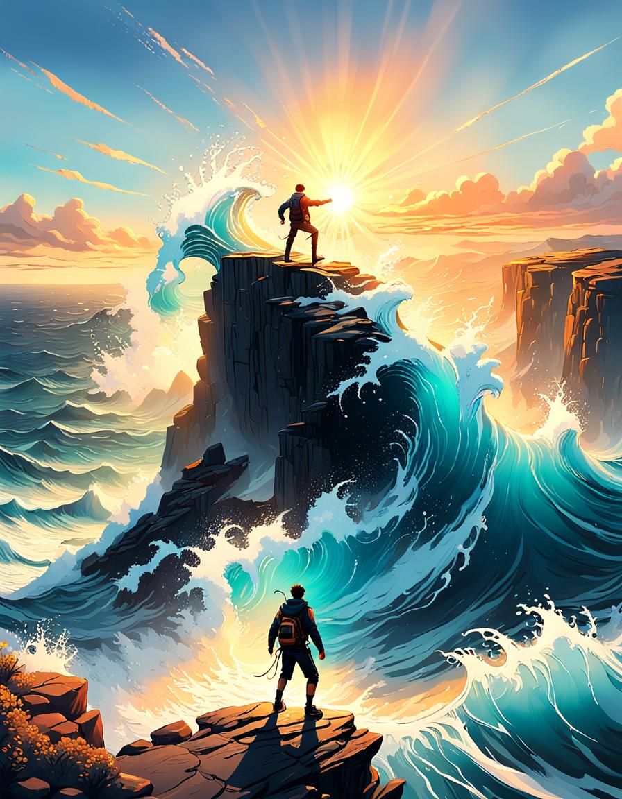Adventurer Overlooking Ocean Dancing with Splash Wave