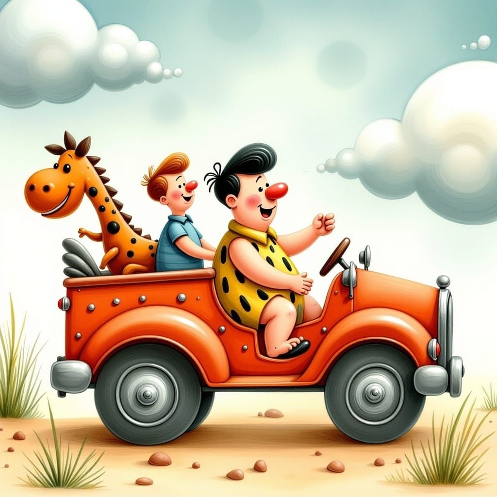 Fred Flintstone in Foot-Powered Car, Whimsical Illustration