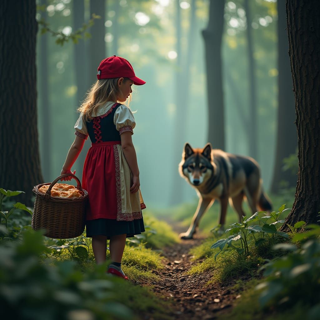 Little Red Riding Hood's Forest Encounter in Hyperrealism