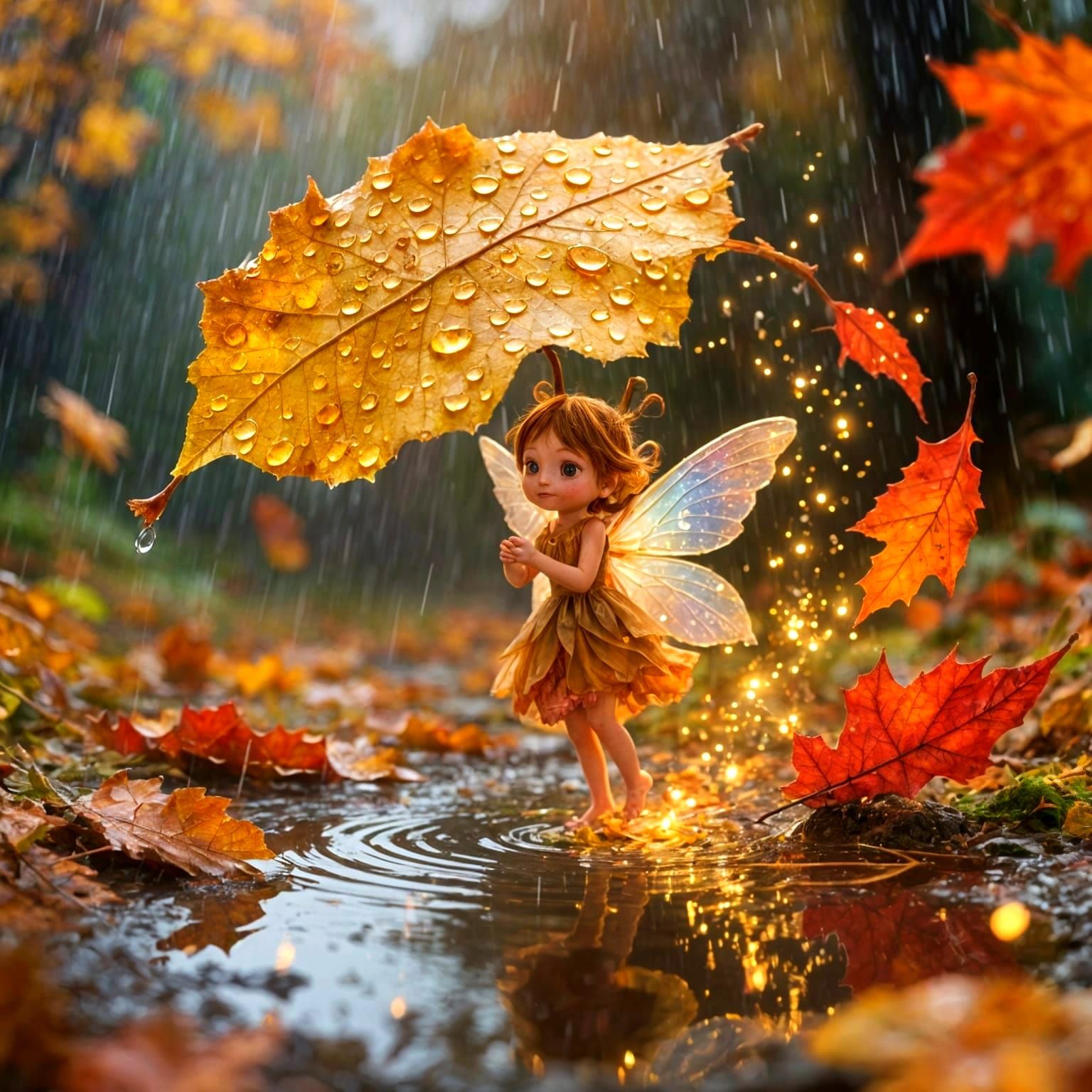 Tiny Autumn Fairy Shelters Under Leaf in Whimsical Realism