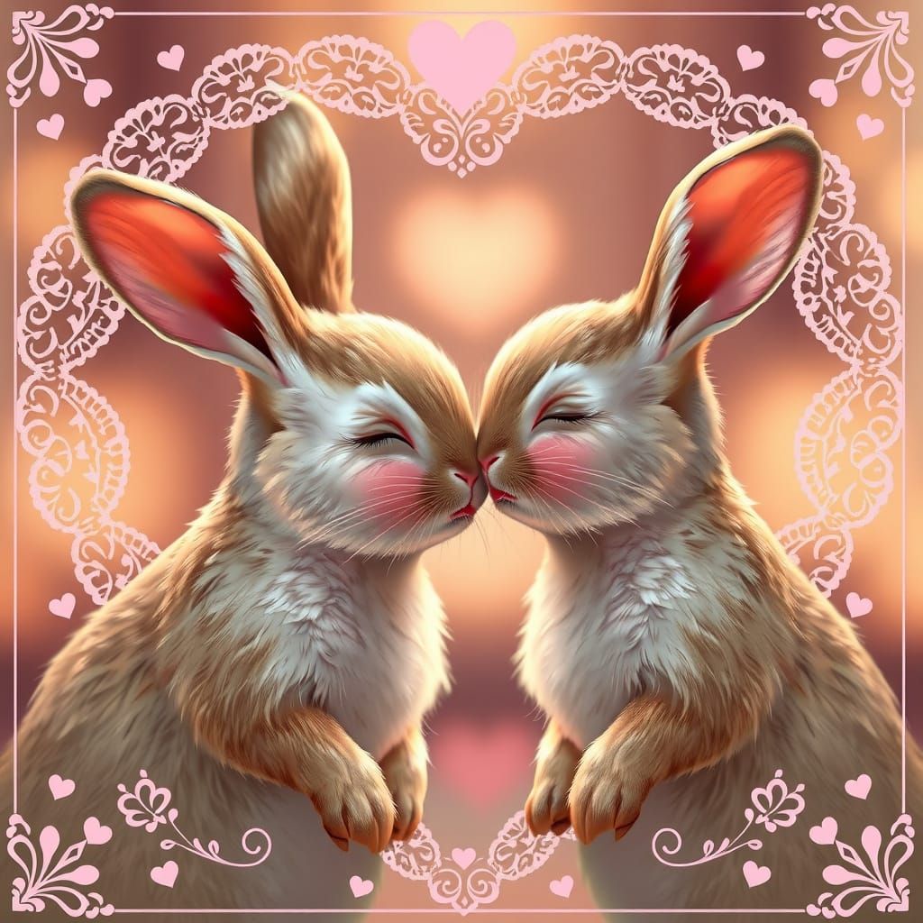 Cute Rabbits Share a Tender Kiss in a Heart-Shaped Frame
