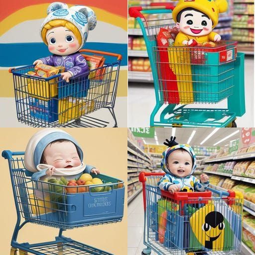 A Happy Baby Surprises in a Whimsical Grocery Cart Scene