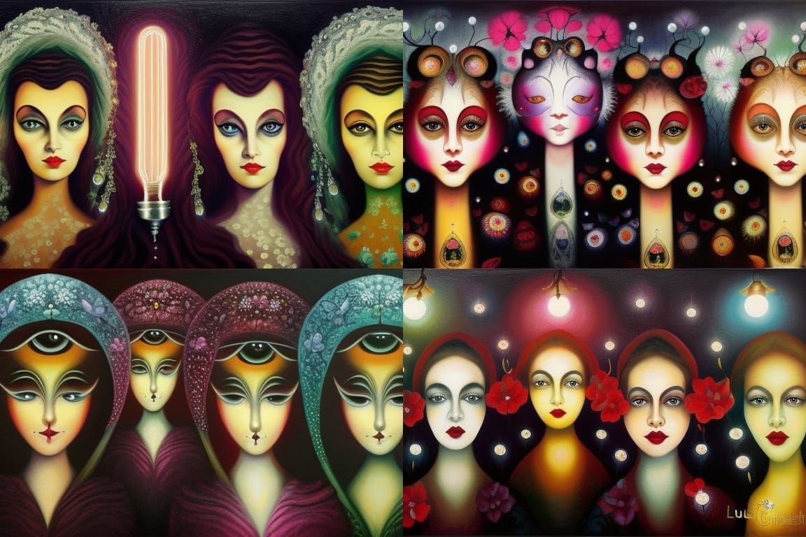 Elegant Women with Light Bulbs, Oil on Canvas