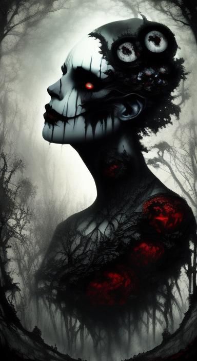 Goddess Hecate Double Exposure Art in Rococo Horrorcore Styl...