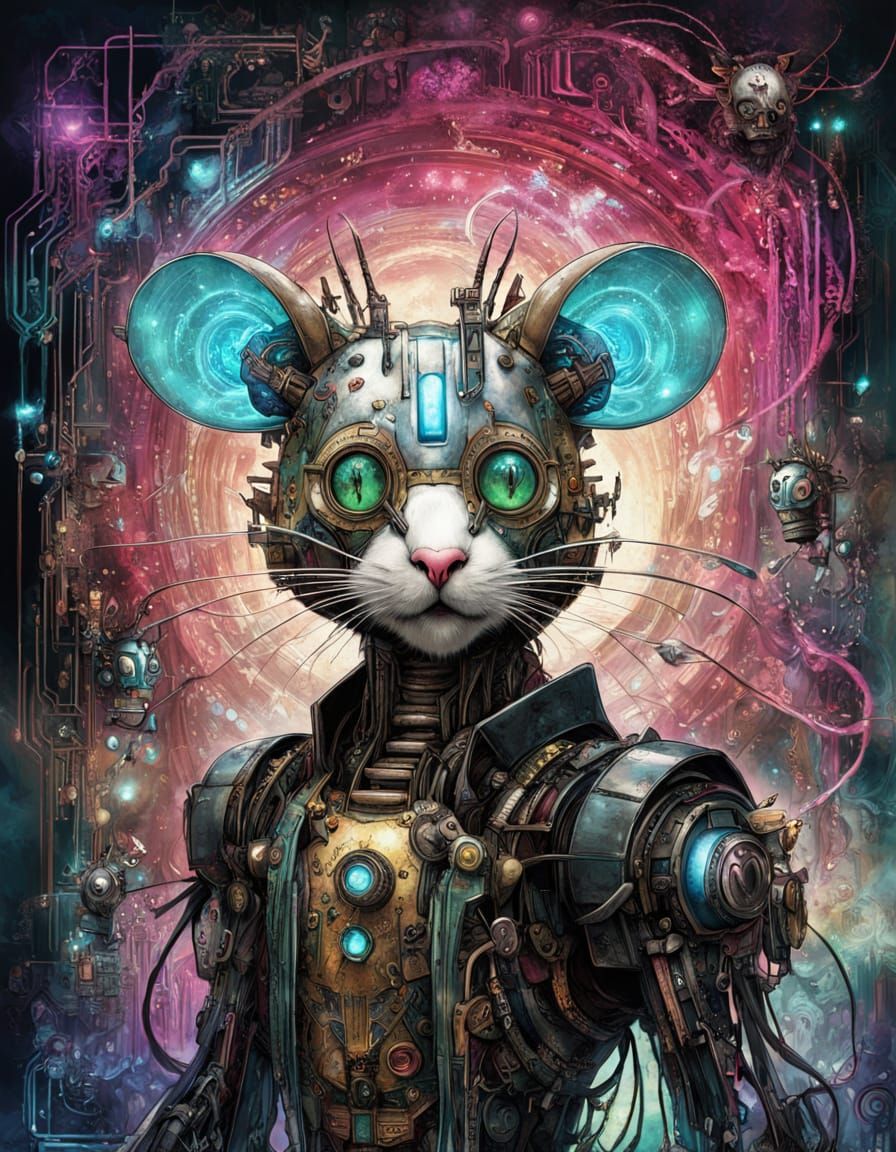 Cybernetic Mouse Robot with Circuit Board Background